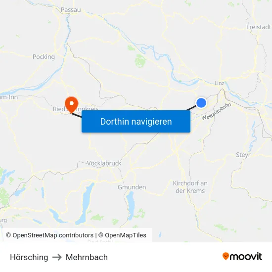 Hörsching to Mehrnbach map