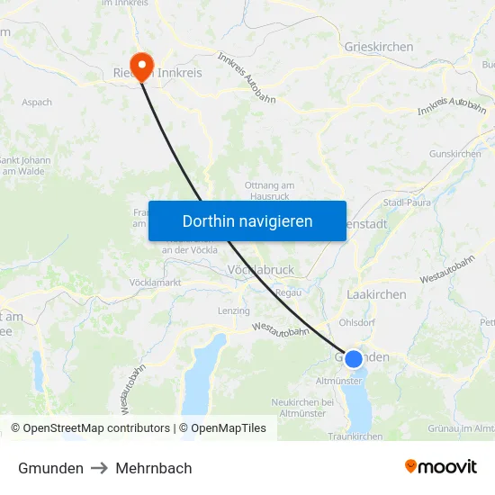 Gmunden to Mehrnbach map