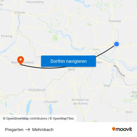 Pregarten to Mehrnbach map