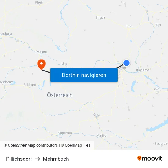 Pillichsdorf to Mehrnbach map