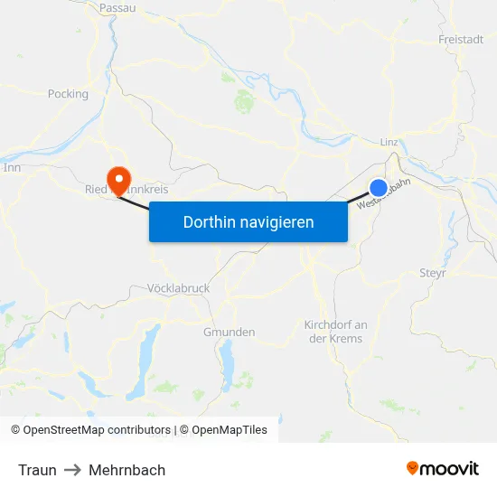 Traun to Mehrnbach map