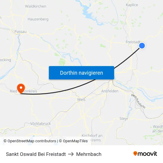 Sankt Oswald Bei Freistadt to Mehrnbach map