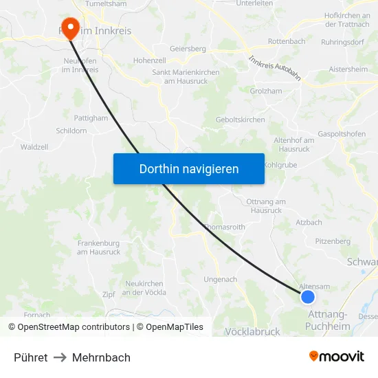 Pühret to Mehrnbach map