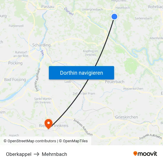 Oberkappel to Mehrnbach map