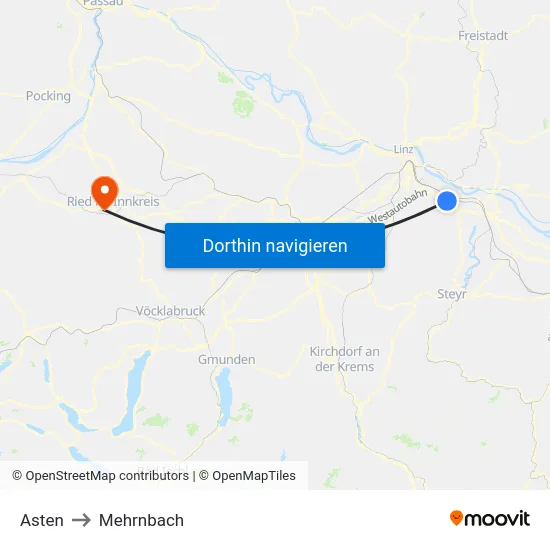Asten to Mehrnbach map