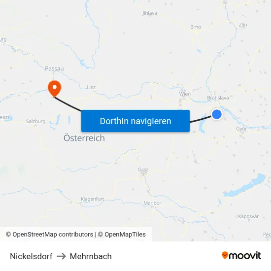Nickelsdorf to Mehrnbach map