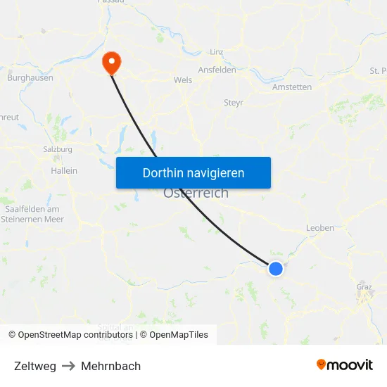 Zeltweg to Mehrnbach map