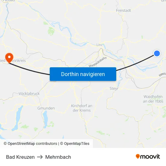 Bad Kreuzen to Mehrnbach map