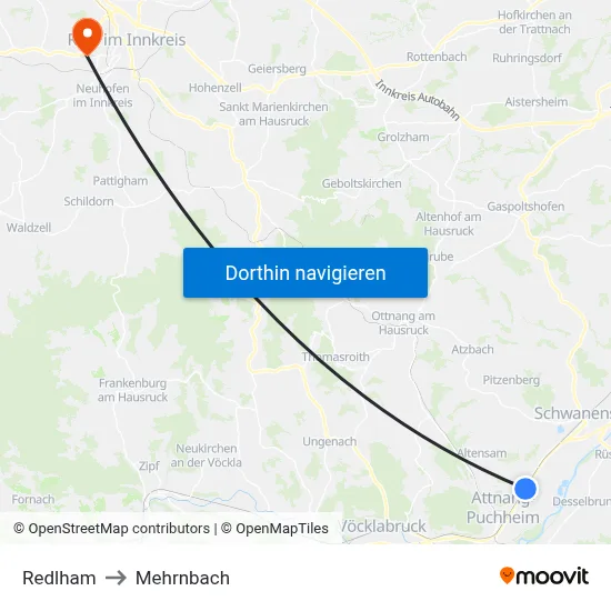 Redlham to Mehrnbach map