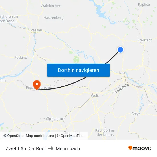 Zwettl An Der Rodl to Mehrnbach map