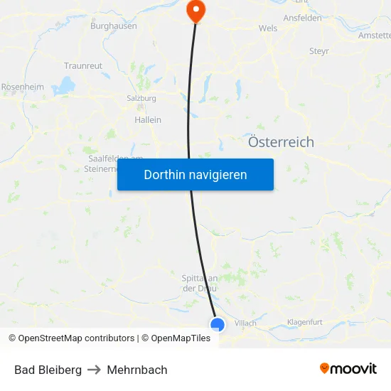 Bad Bleiberg to Mehrnbach map