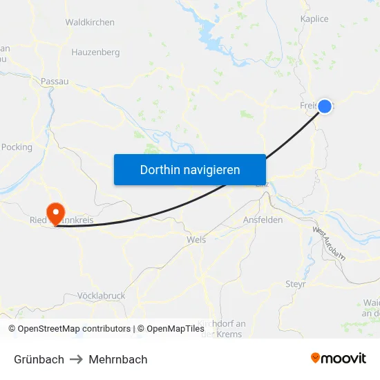 Grünbach to Mehrnbach map