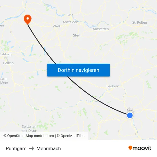 Puntigam to Mehrnbach map