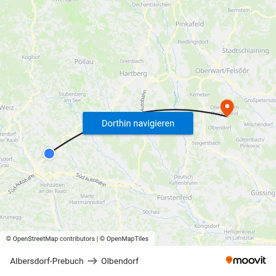 Albersdorf-Prebuch to Olbendorf map
