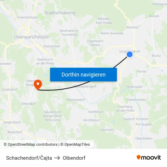 Schachendorf/Čajta to Olbendorf map