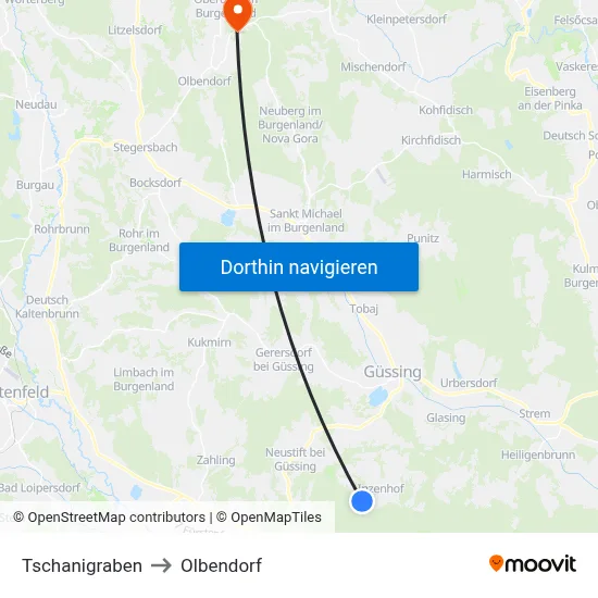Tschanigraben to Olbendorf map