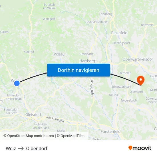 Weiz to Olbendorf map
