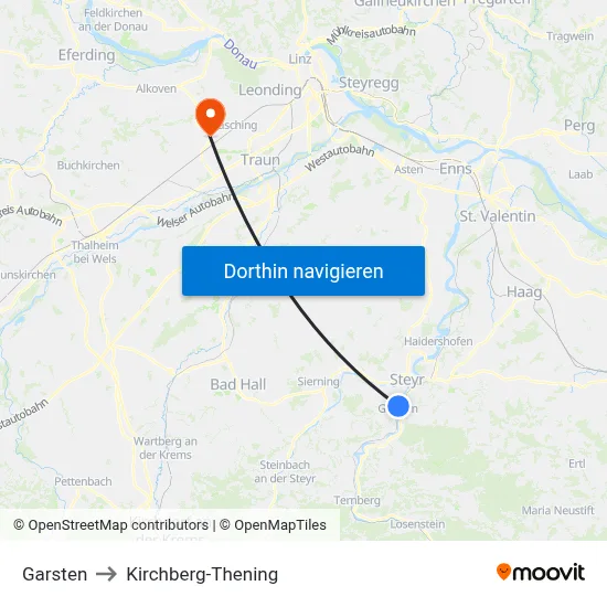 Garsten to Kirchberg-Thening map
