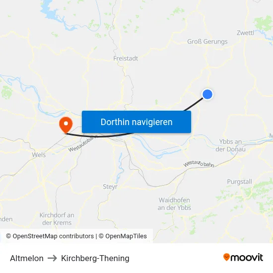 Altmelon to Kirchberg-Thening map