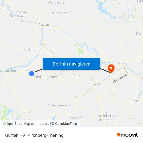 Gurten to Kirchberg-Thening map