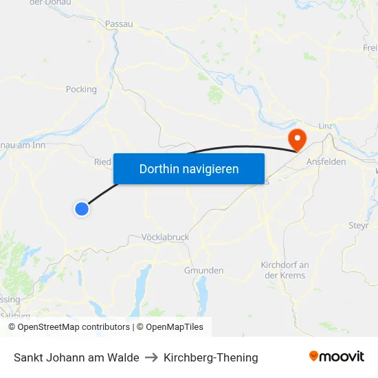 Sankt Johann am Walde to Kirchberg-Thening map