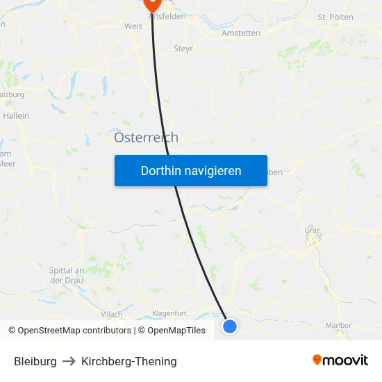 Bleiburg to Kirchberg-Thening map