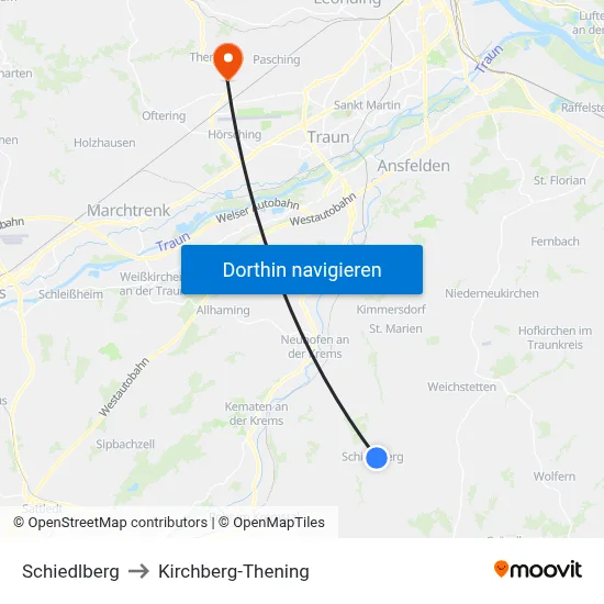 Schiedlberg to Kirchberg-Thening map