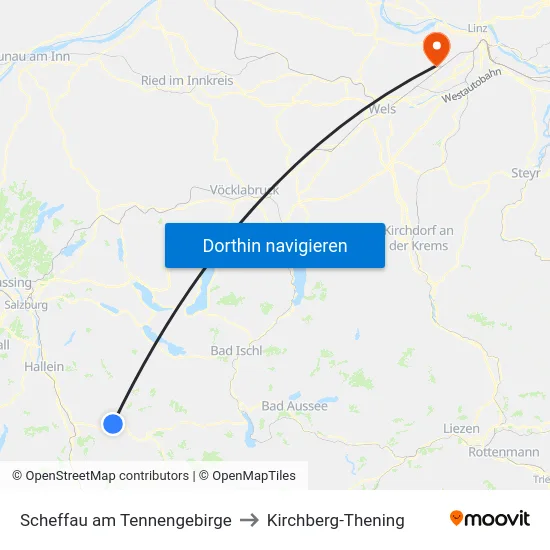 Scheffau am Tennengebirge to Kirchberg-Thening map