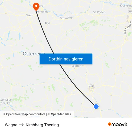 Wagna to Kirchberg-Thening map