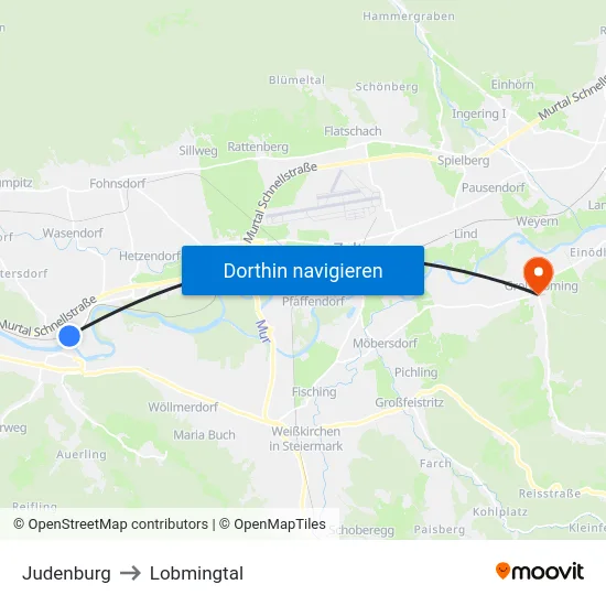 Judenburg to Lobmingtal map