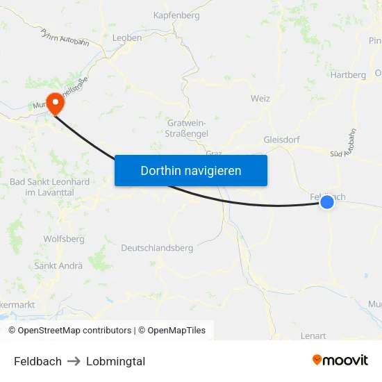 Feldbach to Lobmingtal map