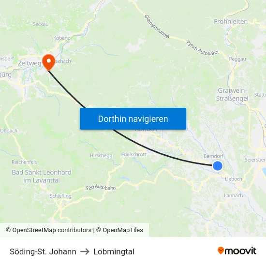 Söding-St. Johann to Lobmingtal map