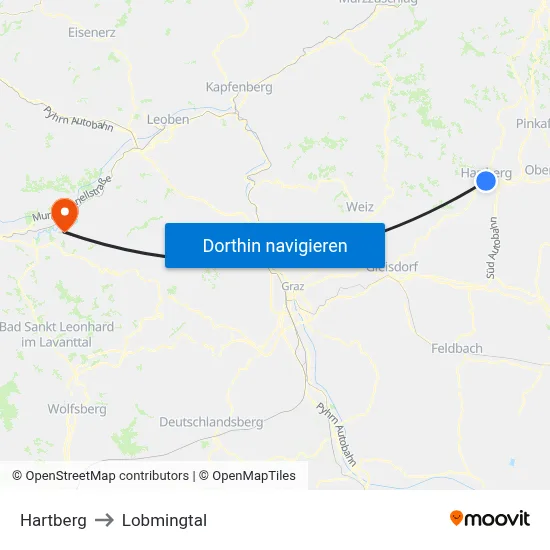 Hartberg to Lobmingtal map