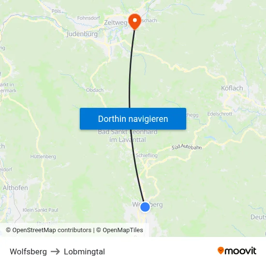 Wolfsberg to Lobmingtal map
