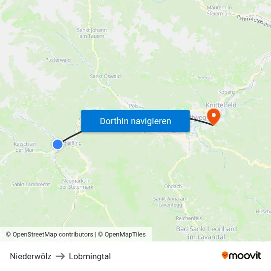 Niederwölz to Lobmingtal map