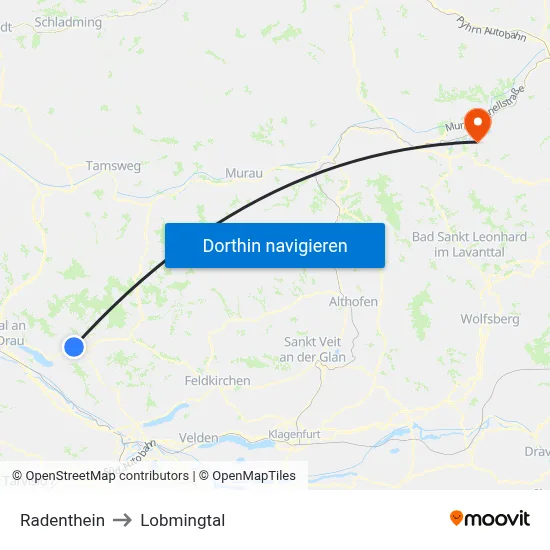 Radenthein to Lobmingtal map