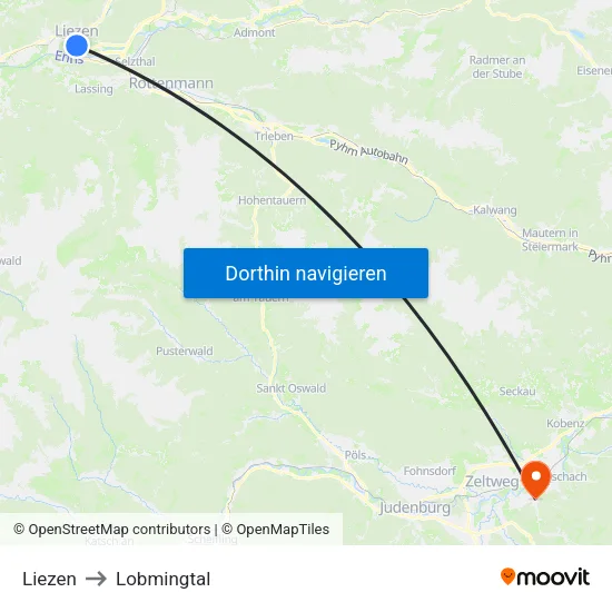 Liezen to Lobmingtal map