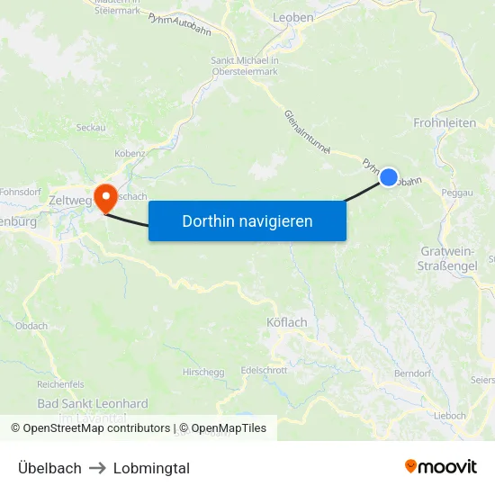 Übelbach to Lobmingtal map