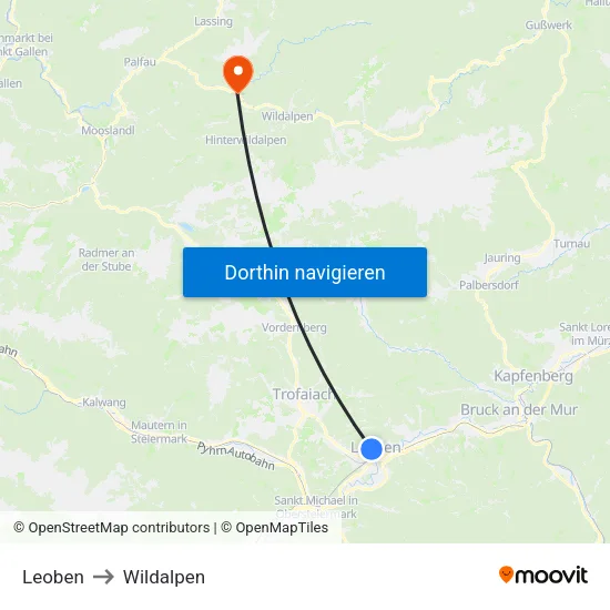 Leoben to Wildalpen map
