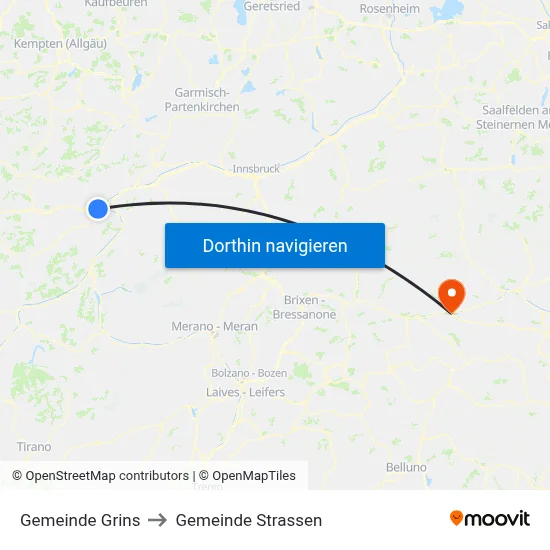 Gemeinde Grins to Gemeinde Strassen map