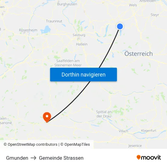 Gmunden to Gemeinde Strassen map