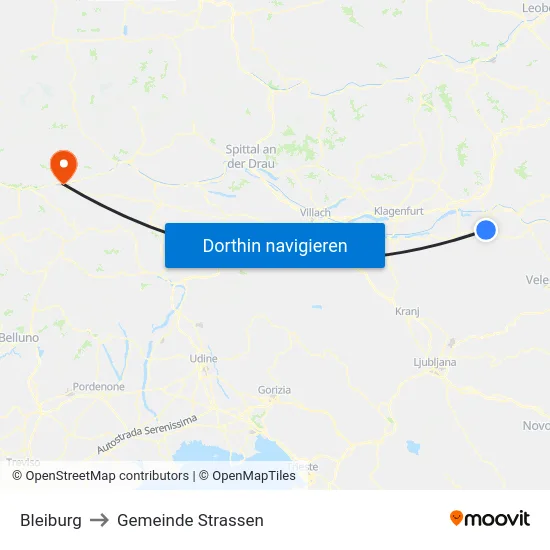 Bleiburg to Gemeinde Strassen map