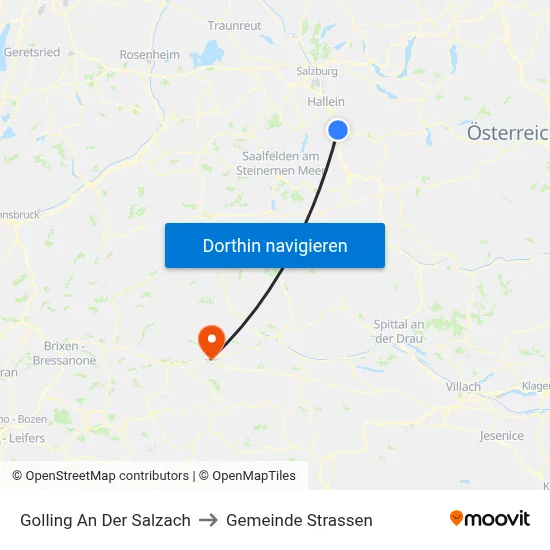 Golling An Der Salzach to Gemeinde Strassen map