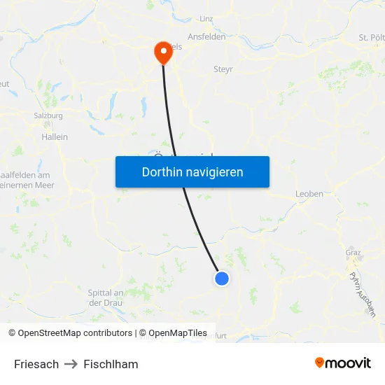 Friesach to Fischlham map