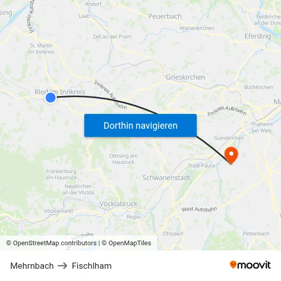 Mehrnbach to Fischlham map