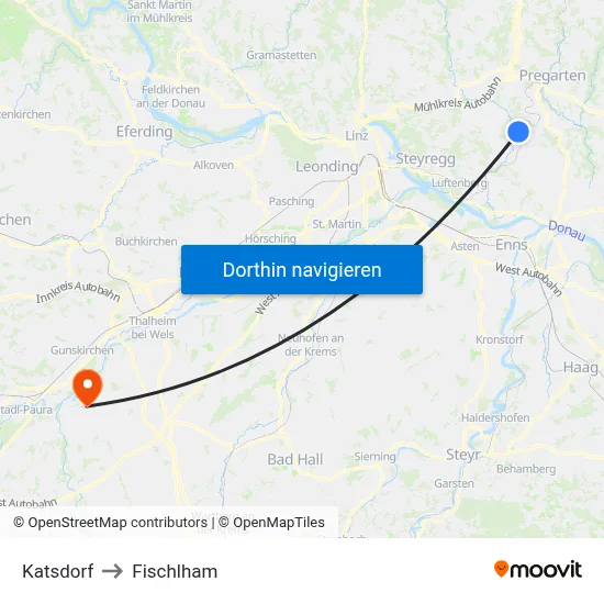 Katsdorf to Fischlham map