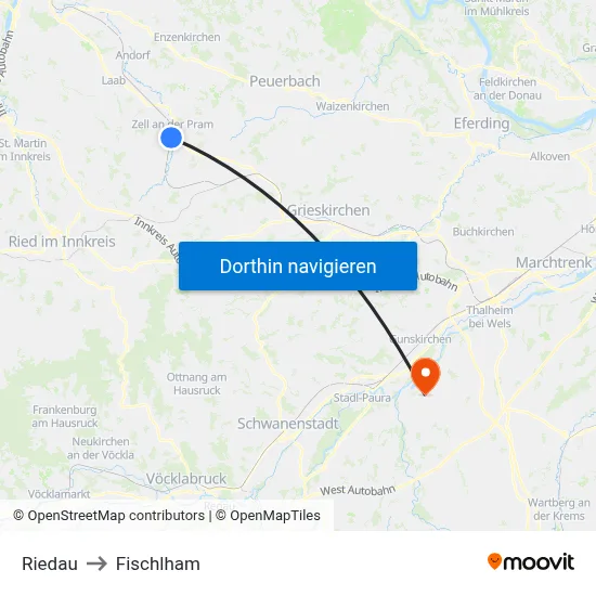 Riedau to Fischlham map