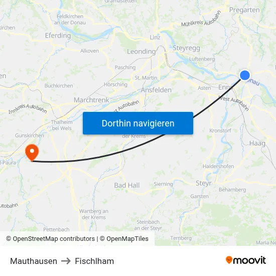 Mauthausen to Fischlham map