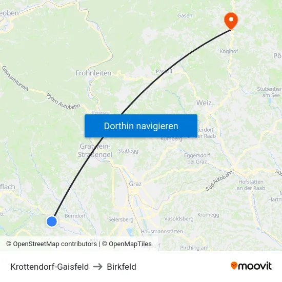 Krottendorf-Gaisfeld to Birkfeld map