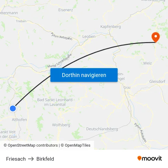 Friesach to Birkfeld map
